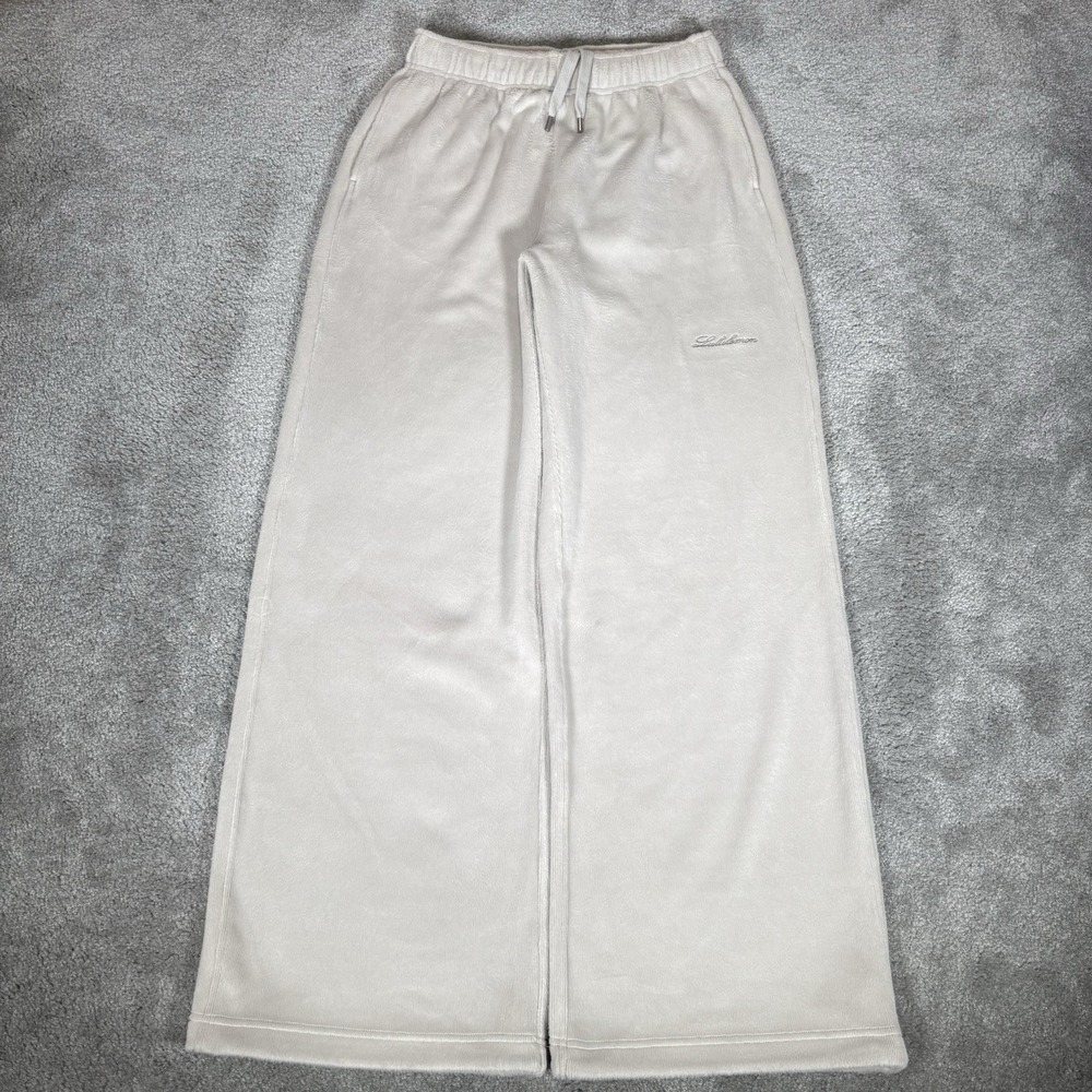 Lululemon Plush Velour Mid Rise Pants Womens XS Beige Cream Wide Leg Baggy Logo - Picture 3 of 8